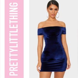 NWT💝 PRETTYLITTLETHING Petite Navy Velvet Bardot Short Sleeve Bodycon Dress